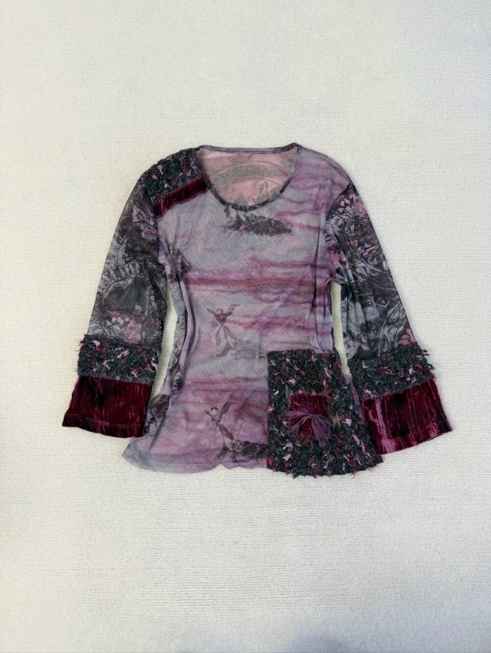 Y2K Gothic Purple Long Sleeve Sheer Floral Mesh  Patchwork Top Size M/ US 8-10 - Picture 3 of 17